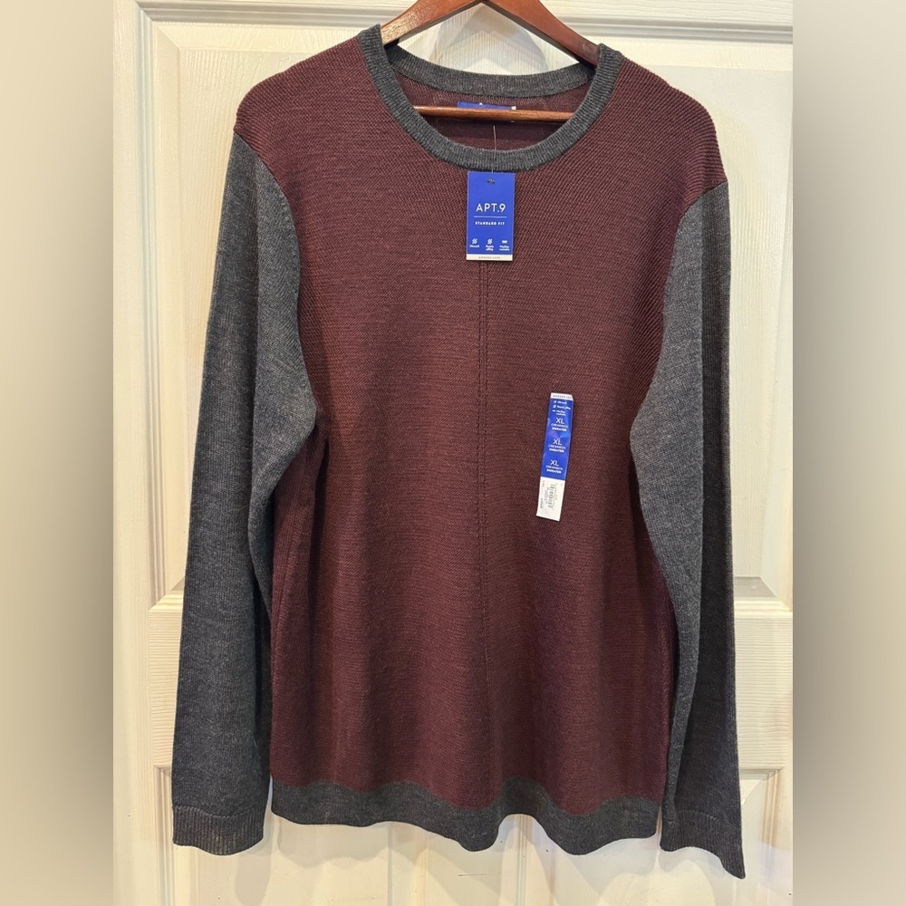 Apt. 9 Men’s Burgundy/Gray‎ Merino Wool Blend Crewneck Sweater Size XL NWT